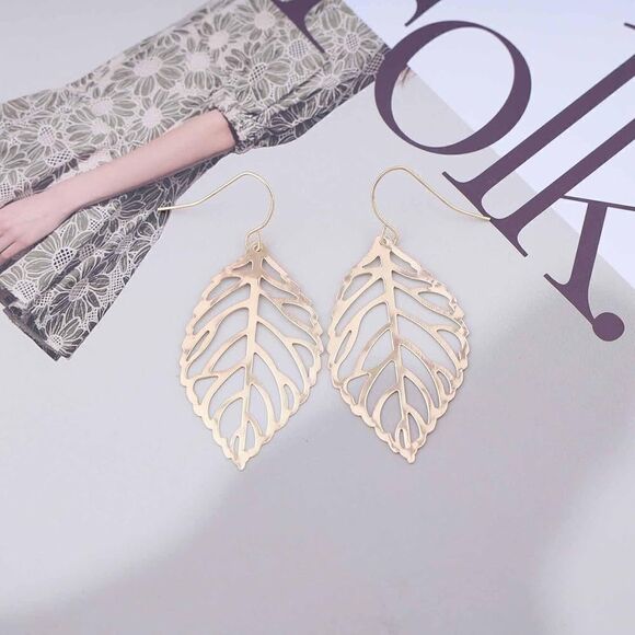 Gold Boho Hollow Large Leaf cut Earrings - Picture 2 of 5